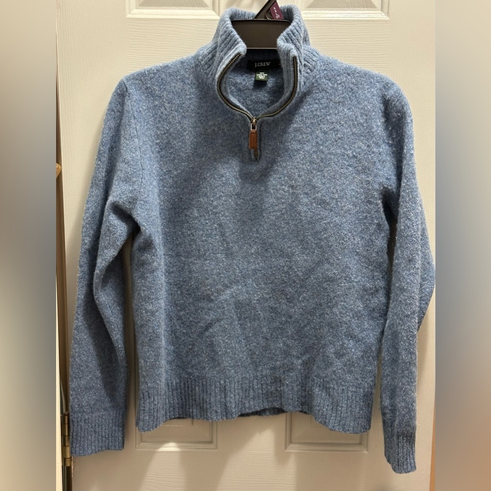 J. Crew 100% Lambs Wool Men's 1/4 Zip Mock Neck Pullover Knit Sweater Blue Large